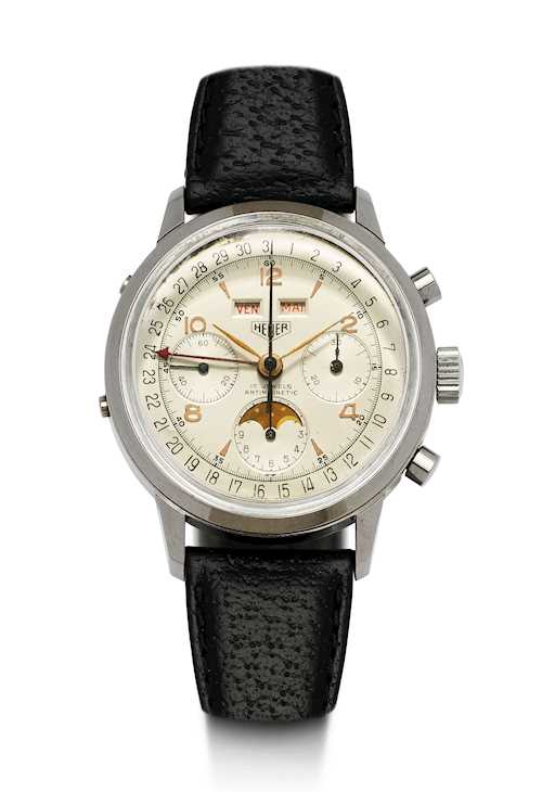 Heuer, very rare chronograph with triple calendar and moon phase, 1960s.