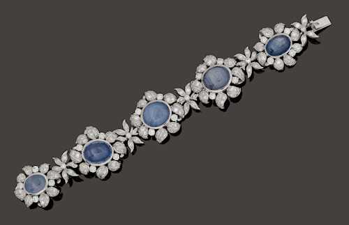 CEYLON STAR SAPPHIRE AND DIAMOND BRACELET, ca. 1960.