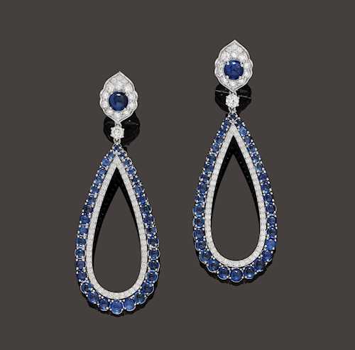 SAPPHIRE AND DIAMOND EAR PENDANTS.