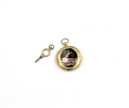 MINIATURE PENDANT WATCH, VACHERON, Geneva, ca. 1870. Yellow gold. Polished case No. 110 with ribbed profile. Fine, polychrome miniature on the back: Romantic scene featuring two children embracing in the park. Dust cover signed Vacheron à Genève No. 110. Enamelled dial with Roman numerals and Breguet hands. Cylinder movement No. 1866. Enamel has minor restoration on the edge. Includes key. D 33 mm. With copy of the Certificat de Révision by Chronometrie Chatelain, May 2011. Leather case by Vacheron Constantin.