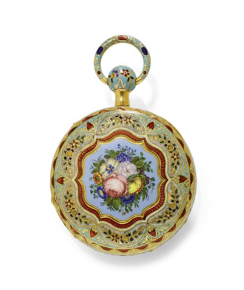 ENAMEL POCKET WATCH, 1/4-REPEATER, MELODY, ALLIEZ BACHELARD & TEROND FILS, ca. 1850. Yellow gold 750, 145g. Rare pocket watch for the Turkish market. Polychrome enamelled gold case with bouquet of flowers on a light-blue background, frame with flower garlands and heart motifs on a white and turquoise background. Glass with central depression. Enamelled dial with Arabic numerals and gold-coloured hands, lever at 1h for turning-off the melody. Cylinder movement with 1/4 repeater and melody, hour with melody. Repeater actuated by the pendant. D 57 mm.