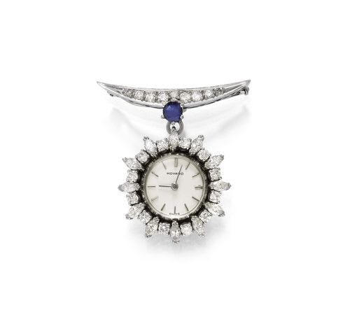 DIAMOND AND SAPPHIRE PENDANT WATCH, MOVADO, ca. 1950. White gold 750. Round case No. 45806 with diamond lunette, set with 12 navette-cut diamonds and 12 brilliant-cut diamonds weighing ca. 1.30 ct. Silver-coloured dial, indices and hands signed Movado. Hand winder, Cal. 4, signed. Mounted on a small, diamond-set crescent moon-shaped brooch weighing ca. 0.50 ct and additionally decorated with 1 round sapphire of  ca. 4 mm Ø. D ca. 21 mm.