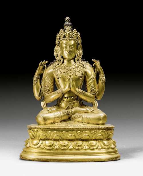 A FINE GILT COPPER FIGURE OF SHADAKSHARI AVALOKITESHVARA. Mongolia, Zanabazar school, late 17th c. Height 25 cm. Base plate lost. ***This item is subject to special bidding conditions, please let us know if you wish to bid on it***