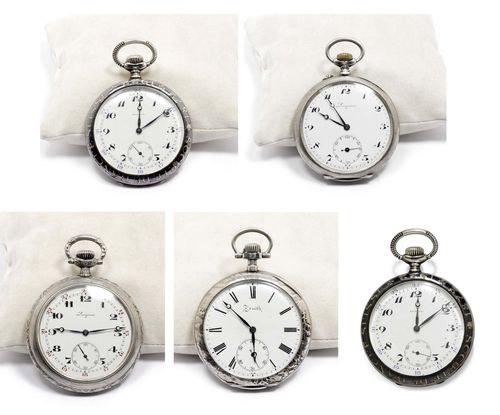 LOT OF 5 POCKET WATCHES ZENITH AND LONGINES ca. 1920. Silver