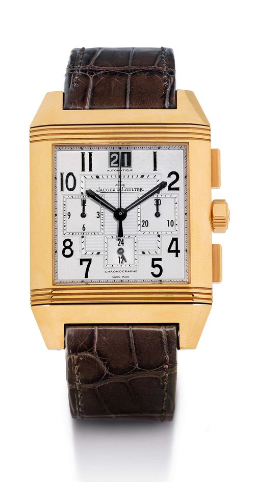 JAEGER LE COULTRE REVERSO SQUADRA, AUTOMATIC CHRONOGRAPH, ca. 2000. Pink gold 750. Ref. 230.2.45, distinctive, rotatable reverso case No. 2544023, polished, chronograph pushers at 2h and 4h, sapphire glass exhibition back. Silver-plated dial with black Roman numerals, black luminous hands, large date at 12h, minute counter at 3h, hour counter at 9h, second time zone at 6h. Automatic movement tested for 1000 hours, No. 3410014 calibre 754, Geneva stripes, 39 rubies. Original, brown crocodile band with gold, double fold-over clasp. D 41 x 35 mm.