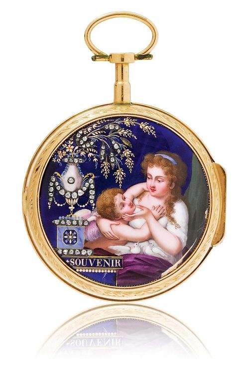 JEAN ROBERT, GOLD AND ENAMEL POCKET WATCH, ca 1820. Yellow gold. Polished and engraved case, the back with a very fine miniature painting: a mother and child playing, on a blue ground, vase decorated with diamonds and gold, inscribed: Souvenir (enamel slightly damaged at the edge / restored). Well-preserved, white enamelled dial with black Roman numerals, signed: Jean Robert Soret. Gold arrow hands, key winder at 2h. Gilt verge movement No. 31153 with fusee and chain (defective), engraved verge bridge, silver regulator scale, movement signed: Jean Robert Soret. D 50 mm.