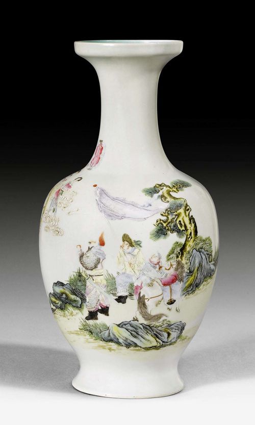 A BALUSTER FAMILLE ROSE-VASE SHOWING A SCENE FROM A MYTH. China, Republic, height 34 cm.