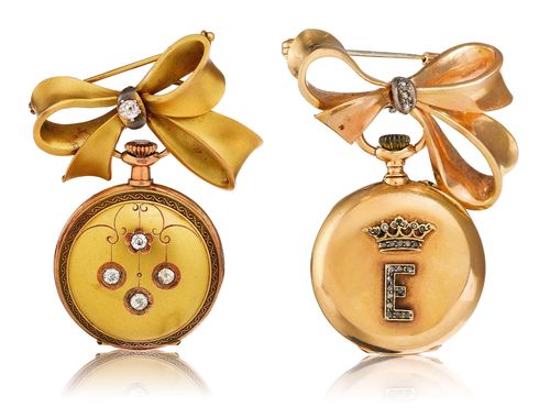 LOT OF 2 PENDANT / BROOCH WATCHES, ca. 1900. Yellow gold 750 / 585. Decorative case, set with diamonds, white enamelled dial with black Roman numerals, gilt Louis XV hands. Lever / cylinder bridge movement. D 27/25 mm.