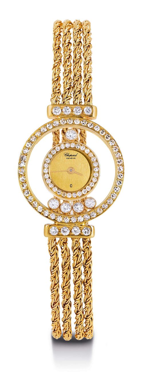 CHOPARD HAPPY DIAMOND LADY'S WRISTWATCH, ca. 1987. Yellow gold 750. Filigree Happy Diamond case No. 215776, lunette and case set with diamonds. With 5 movable brilliant-cut diamonds, between sapphire glass. Attaches each set throughout with 4 diamonds. Gold-coloured dial with gold hands. Small quartz movement adjusted with a push button. Four-row braided band in gold with ladder clasp. Total length ca. 18 cm. D 23 mm. With original certificate and repair service card, April 2013.