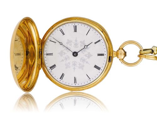 SAVONNETTE PENDANT WATCH, PATEK PHILIPPE for Tiffany & Co., NY, ca. 1850. Yellow gold 750. Engine-turned dial No. 23281, the centre with a small cartouche for a monogram, and with a ribbed profile. Dust cover No. 23281 signed Tiffany & Co., New York, Patek Philippe & Co. Fabricants. Enamelled dial with black Roman numerals and Breguet hands, the centre decorated with fine, light-blue enamelled ornaments. Gold-plated cylinder movement with key winder, unsigned. Key missing. On a fine, bicolour chain, L ca. 43 cm. D 37 mm.