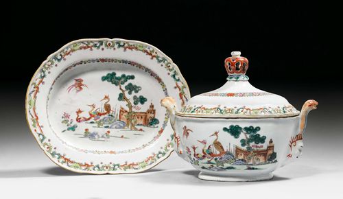 A FAMILLE ROSE TUREEN, COVER  AND STAND. China, 18th c. Height 22 cm. Minor chips, one handle glued.