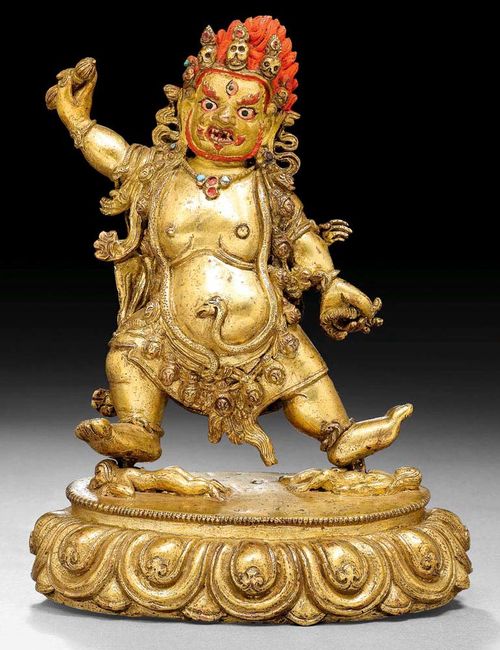 GURU DRAGPO.Tibet, 19th century  H 17 cm. Gilt copper alloy, the head cold painted. Acquired June 1989, Galerie Koller