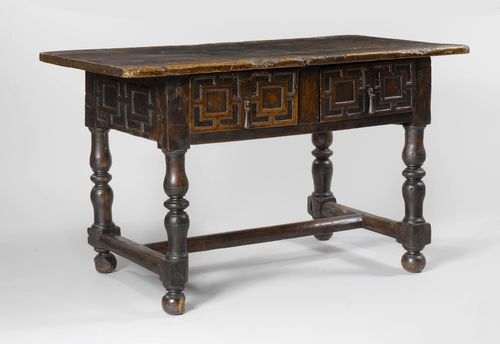 TABLE, Louis XIII, Spain, 17th century. Walnut and oak, dark stained. Iron mounts. 138x75x84 cm. Locks removed. Partly, strongly affected by worm holes.