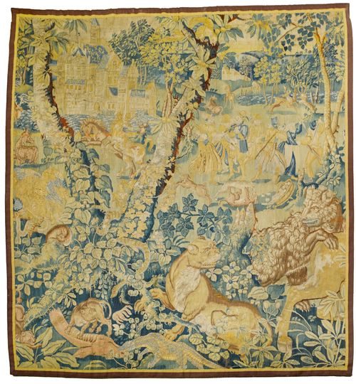 TAPESTRY FRAGMENT, probably Flemish, early 17th century. Multiple figures in a landscape with trees. The background with an idyllic city with peaceful animals; the front with people fighting as well as wild animals and legendary creatures. Narrow border, later. 220x210 cm.