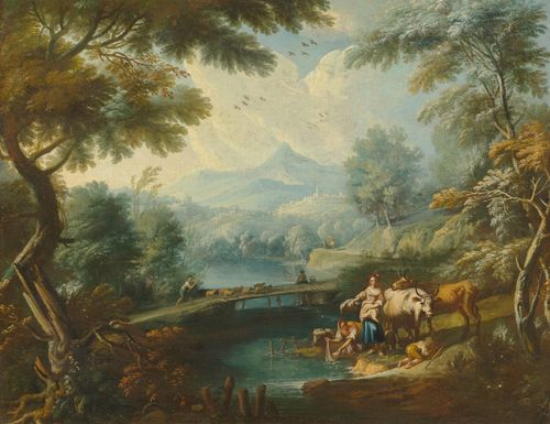 Circle of CIGNAROLI, GIAMBETTINO (1706 Verona 1710) Mountain landscape. Oil on canvas. 77 x 93.5 cm.